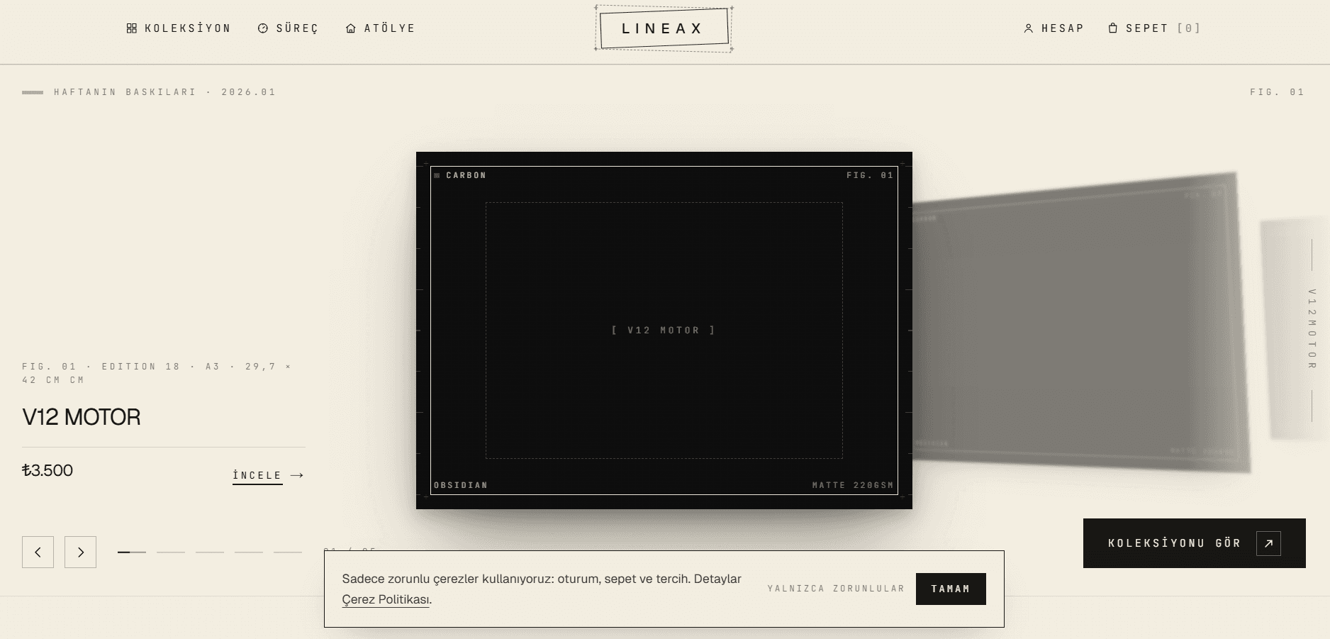 Lineax - E-Ticaret Sitesi, A catalog for pen-plotted prints — engineering precision, gallery quiet.